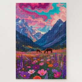 Puzzle Neon Mountain Valley - Psychedelic Horses & Pink C