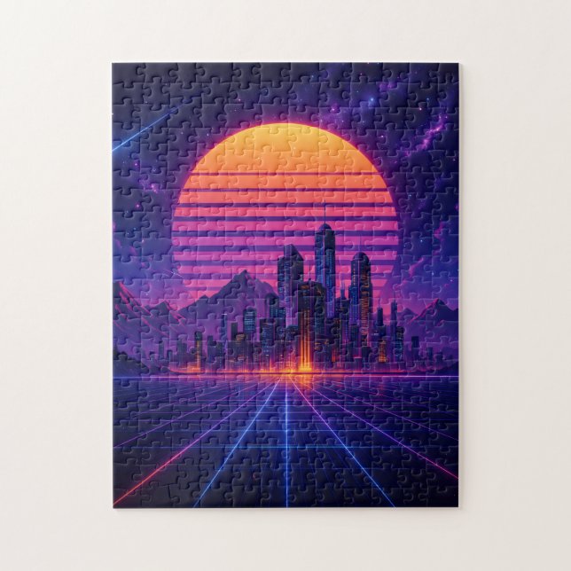 Puzzle Neon Skyline Horizon – Retro Synthwave Cityscape (Vertical)
