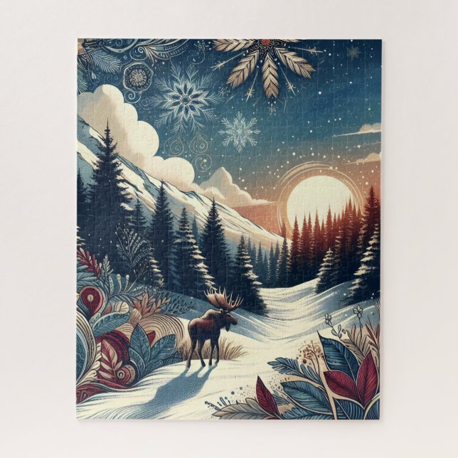 Puzzle Nevada Noche Moose Forest Mountains Patrón Boho (Vertical)