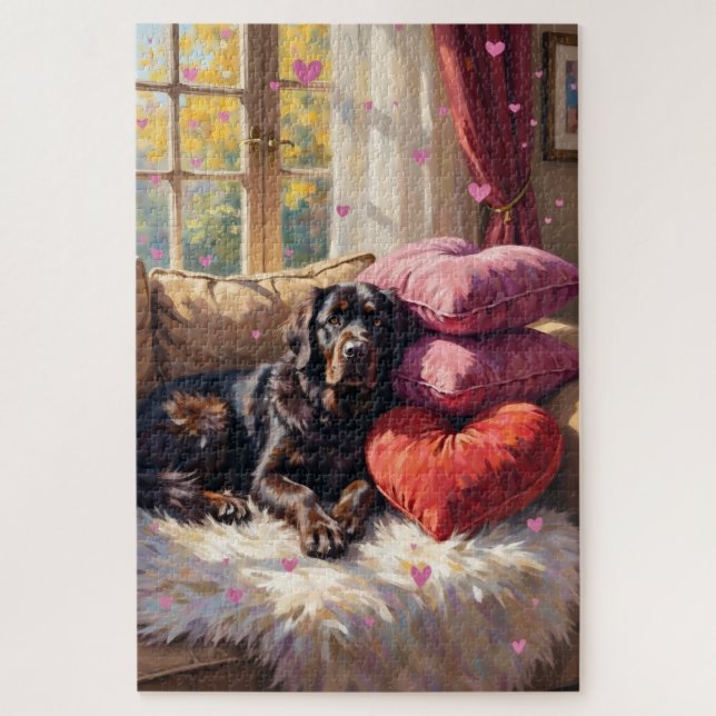 Puzzle Newfoundland Dog Cozy Valentine's Day Retreat (Vertical)