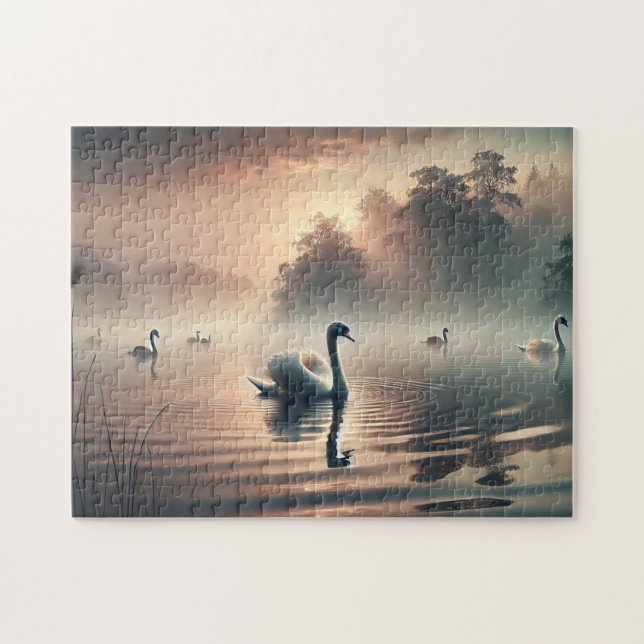 Puzzle Niebla del lago al amanecer Cisnes Naturaleza Tran (Horizontal)