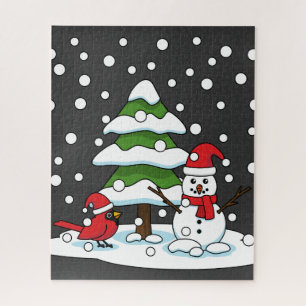 Puzzle Nieve cayendo sobre cardenal, muñeco de nieve y pi