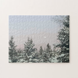 Puzzle Nieve cubierta Pino Árboles Moon Sunset