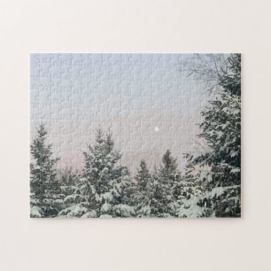 Puzzle Nieve cubierta Pino Árboles Moon Sunset