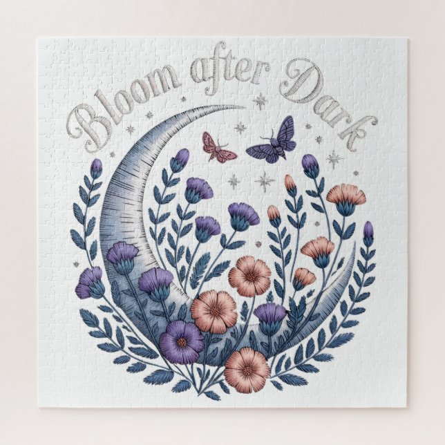 Puzzle Night Garden Faux Embroidered Moon with Moths (Vertical)