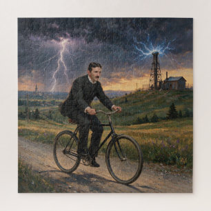 Puzzle Nikola Tesla montando bicicleta hacia su laborator