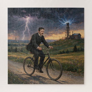 Puzzle Nikola Tesla montando bicicleta hacia su laborator