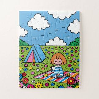 Puzzle Niña acampando en un amplio campo de flores silves