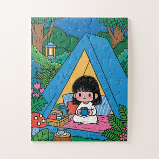 Puzzle Niña acampando en una tienda acogedora por la noch