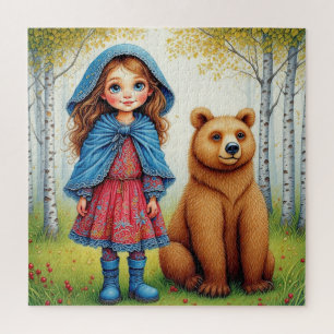 Puzzle Niña Adorable y Oso en Bosque Caprichoso