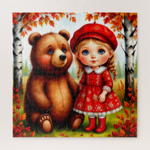 Puzzle Niña Adorable y Oso en Bosque Caprichoso