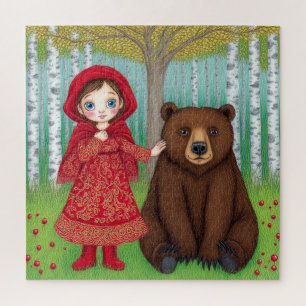Puzzle Niña adorable y oso en un bosque caprichoso
