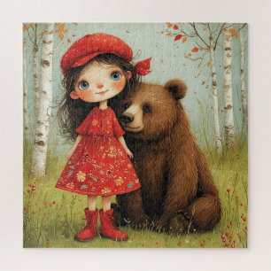 Puzzle Niña adorable y oso en un bosque caprichoso