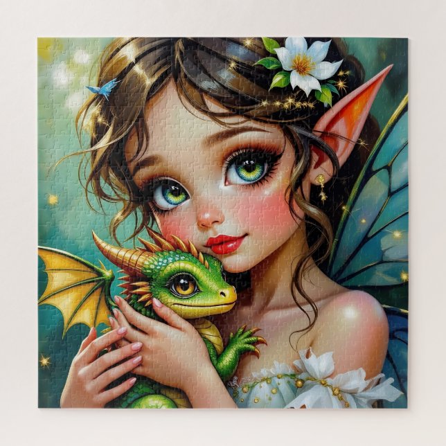 Puzzle Niña bonita de temática hada y dragón   (Vertical)