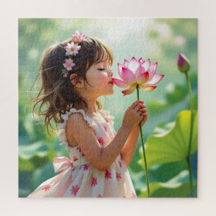 Puzzle Niña Bonita Oliendo una Rosa Rosa