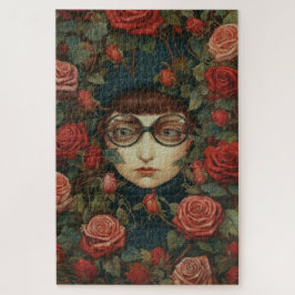 Puzzle Niña con gafas rodeada de rosas  