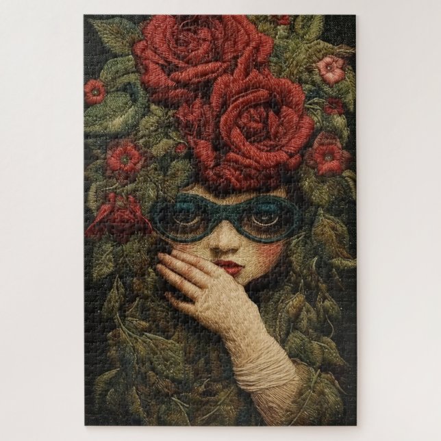 Puzzle Niña con gafas y rosas bordadas   (Vertical)