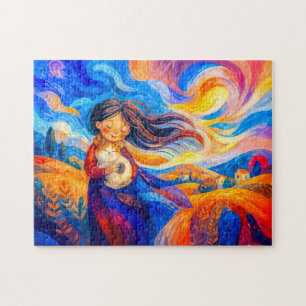 Puzzle Niña con gato en colores fluidos y ventosos