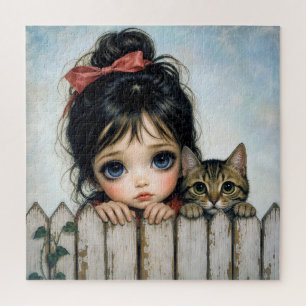 Puzzle Niña con Ojos Grandes y Gato Mascota