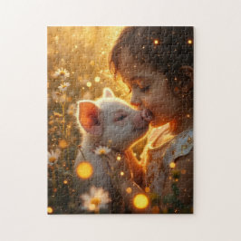 Puzzle Niña con su cerdo mascota