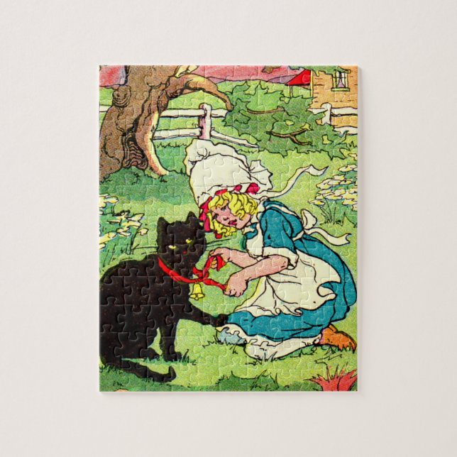 Puzzle Niña de 1905 pone una reverencia en su gato negro (Vertical)