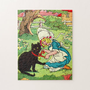Puzzle Niña de 1905 pone una reverencia en su gato negro