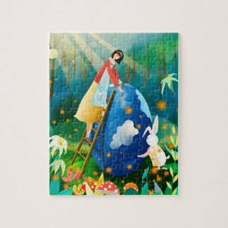 Puzzle Niña de Pascua y conejo pintando huevo azul gigant