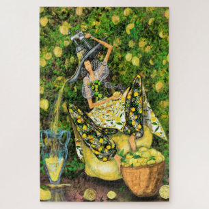 Puzzle Niña en jardín de limones hace limonada rompecabez