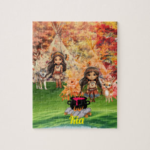 Puzzle Niña nativa americana con animales del bosque