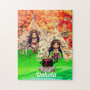 Puzzle Niña nativa americana con animales del bosque