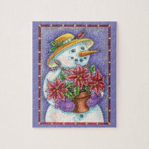 Puzzle Niña Navideña Adorable Muñeco de Nieve con Poinset