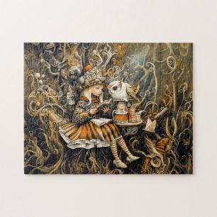 Puzzle Niña pequeña con búho en una casa raíz de árbol