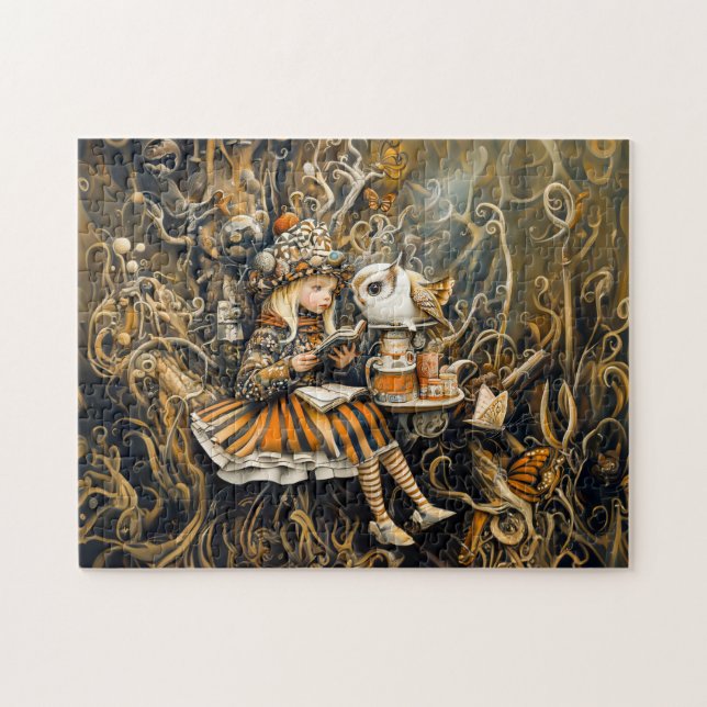 Puzzle Niña pequeña con búho en una casa raíz de árbol (Horizontal)