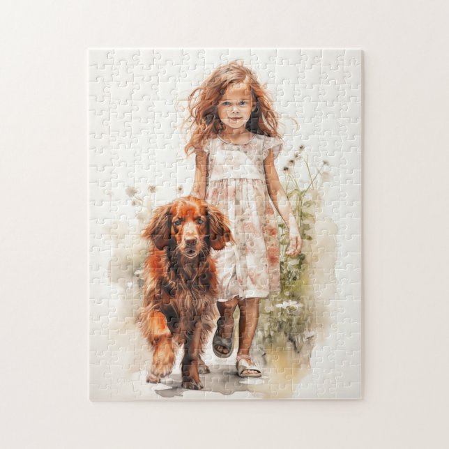Puzzle Niña pequeña con irlandés Setter (Vertical)