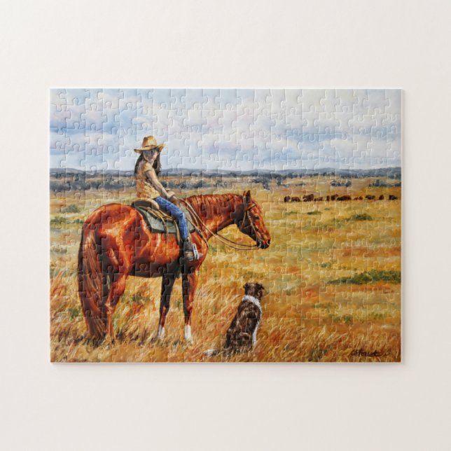Puzzle Niña pequeña en caballo de ganado (Horizontal)