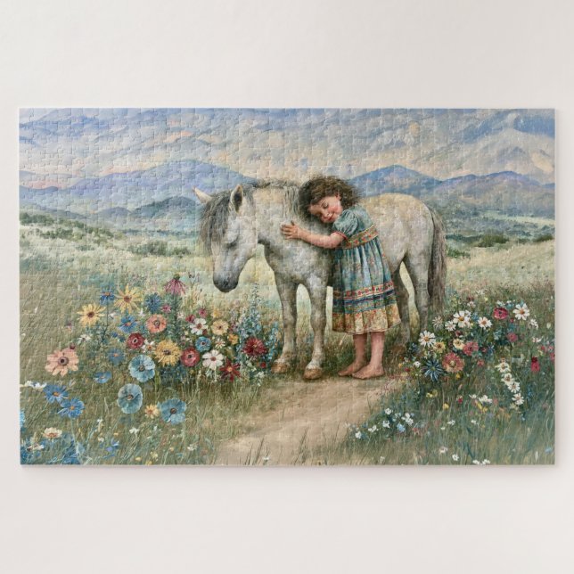 Puzzle Niña Poni Flores Silvestres Montañas Prado (Horizontal)
