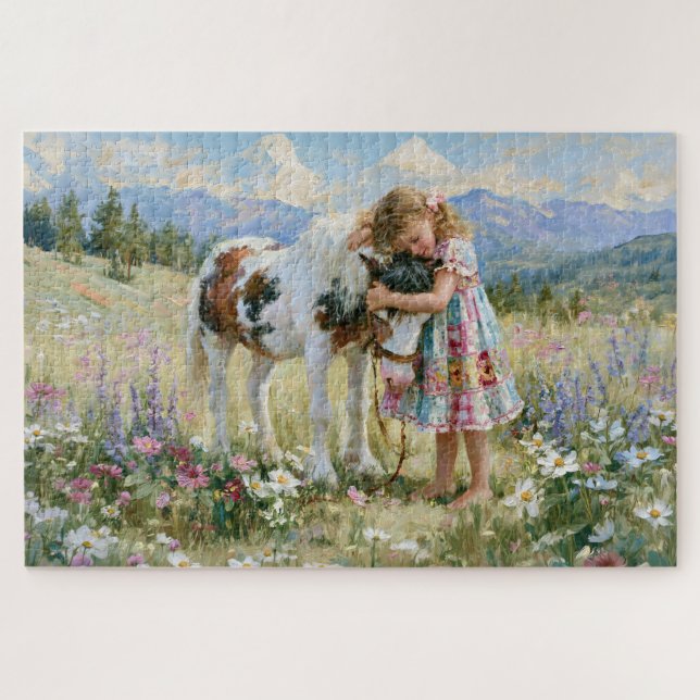Puzzle Niña Poni Montañas Prado Flores Pintura (Horizontal)