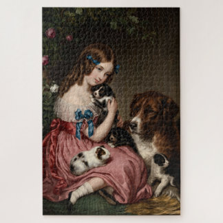 Puzzle Niña Victoriana con Cachorros y Conejillo de India