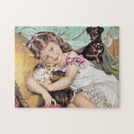Puzzle Niña vintage con gatitos y perros