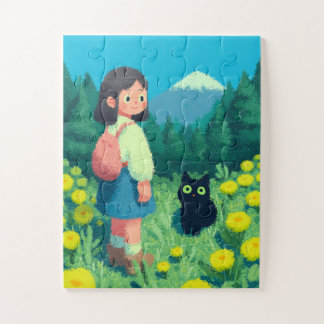 Puzzle Niña y gato negro en campo de flores