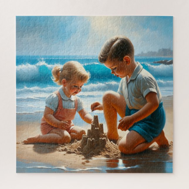 Puzzle Niña y niño construyendo un castillo de arena (Vertical)
