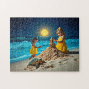 Puzzle Niñas y una tortuga marina construyendo castillos