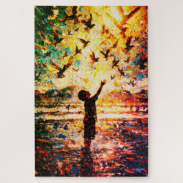 Puzzle Niño Alegre Jugando con Pájaros Amanecer Agua
