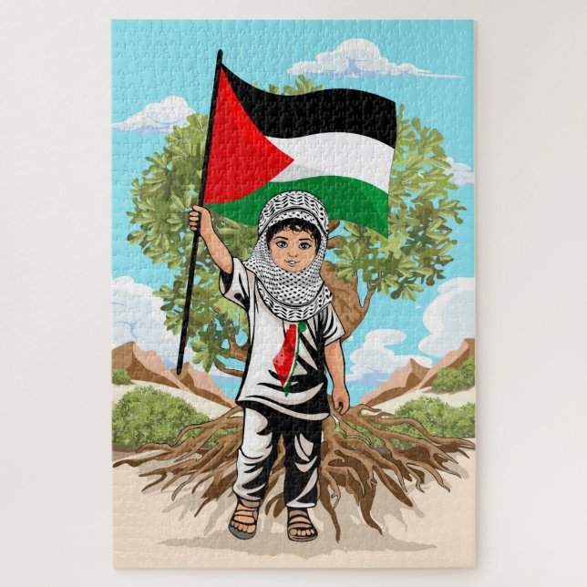Puzzle Niño con bandera palestina de Keffiyeh y olivo (Vertical)