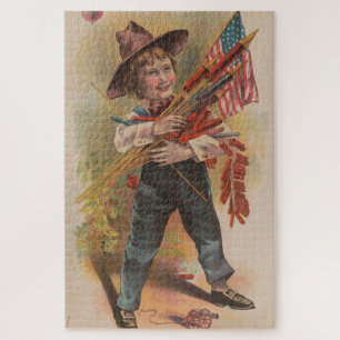 Puzzle Niño con Fuegos Artificiales, Bandera Americana, I
