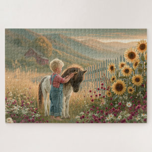 Puzzle Niño de campo Poni Girasoles Montañas Prado