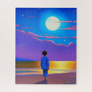 Puzzle Niño en la playa, mirando a la luna