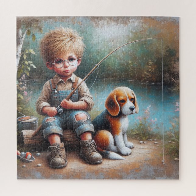Puzzle Niño pequeño pescando con un beagle (Vertical)