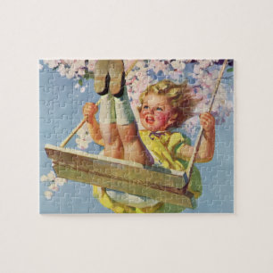 Puzzle Niño vintage, Chica balanceándose en una obra de r