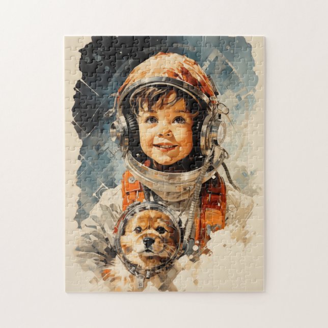 Puzzle Niño y perro pequeño astronauta (Vertical)
